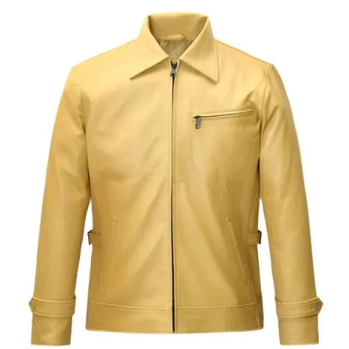Front view of a beige leather jacket with a classic point collar, zippered front closure
