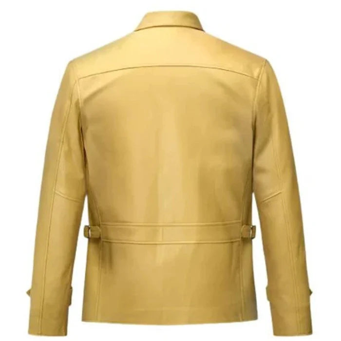 Front view of a beige leather jacket with a classic point collar, zippered front closure