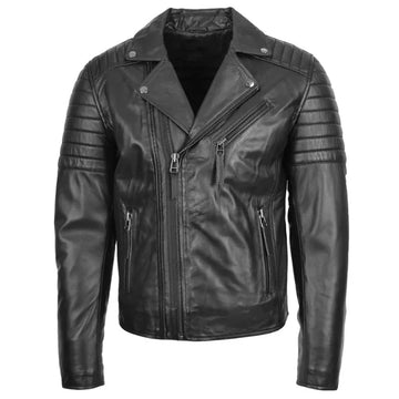 Men's Black Dual Cross Zip Leather Biker Jacket