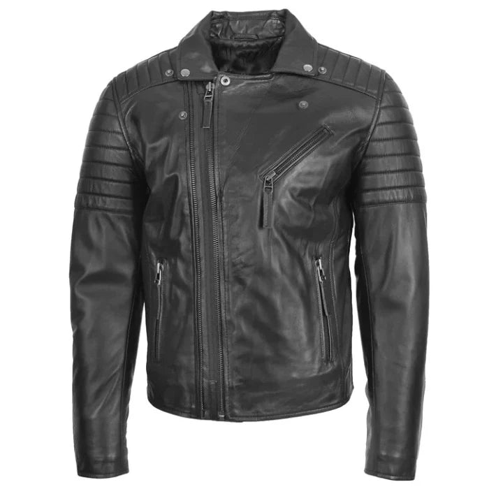 Men's Black Dual Cross Zip Leather Biker Jacket