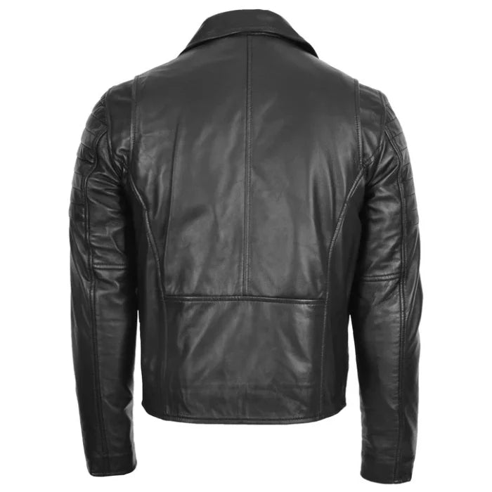 Men's Black Dual Cross Zip Leather Biker Jacket