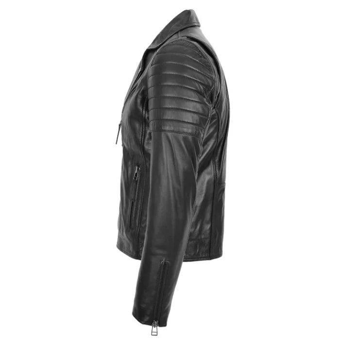 Men's Black Dual Cross Zip Leather Biker Jacket