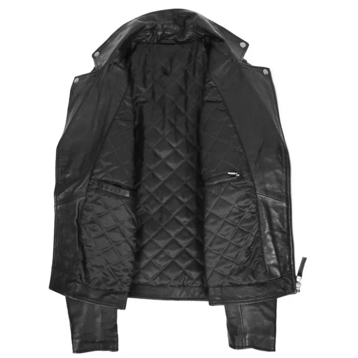 Men's Black Dual Cross Zip Leather Biker Jacket