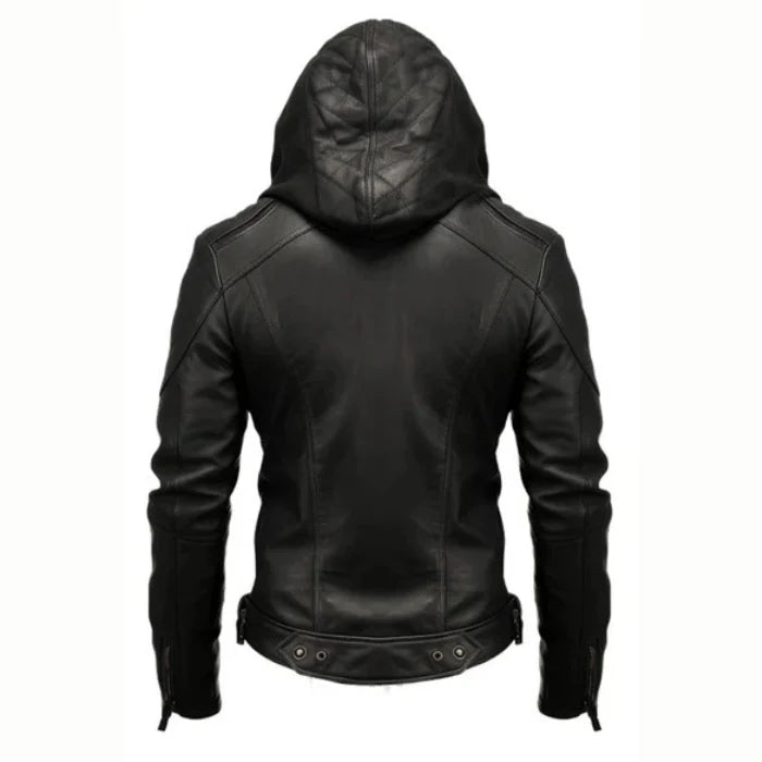 Men's Black Hooded Biker Leather Jacket