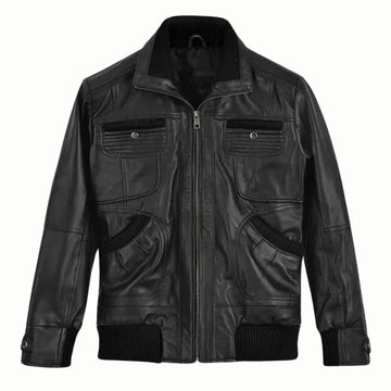 Front view of Black bomber leather jacket with silver tone zipper and pockets