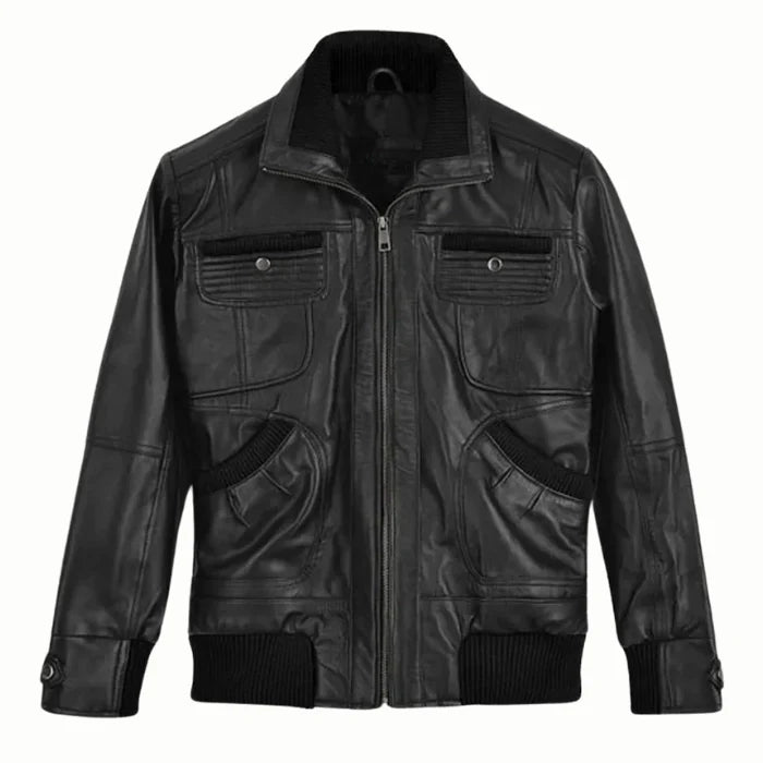 Front view of Black bomber leather jacket with silver tone zipper and pockets