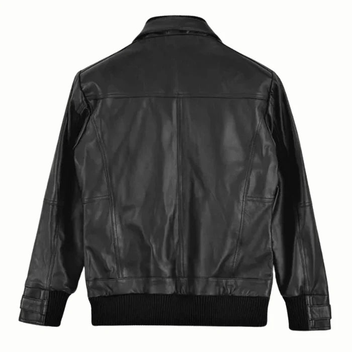 Back view of men's Black bomber leather jacket