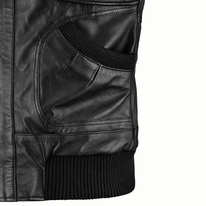 Close-up of a mens black bomber leather jacket