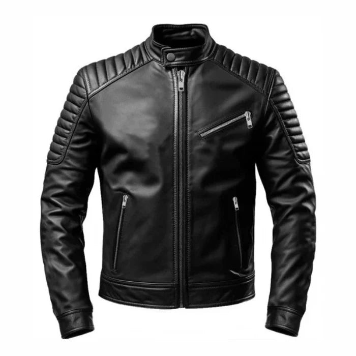 Black leather jacket with zippers on a white background
