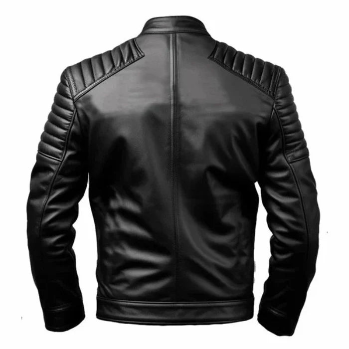 Back view of black leather jacket on a white background