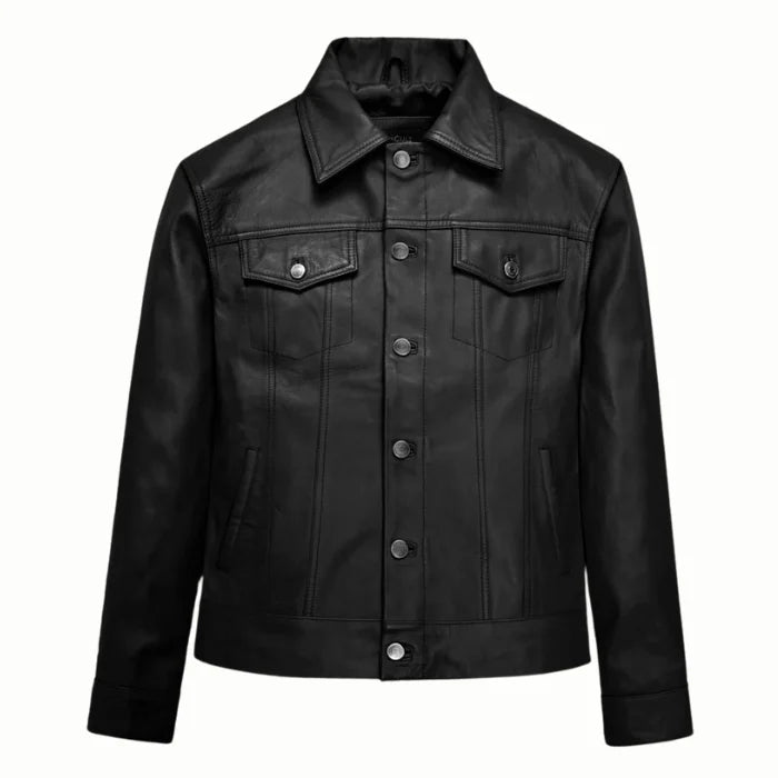 Black trucker leather jacket on a white background