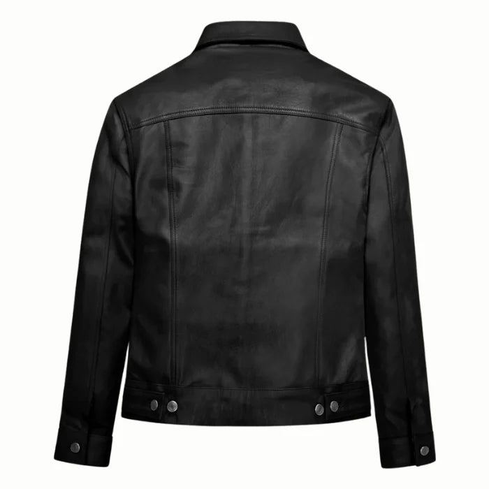 Black trucker leather jacket on a white background