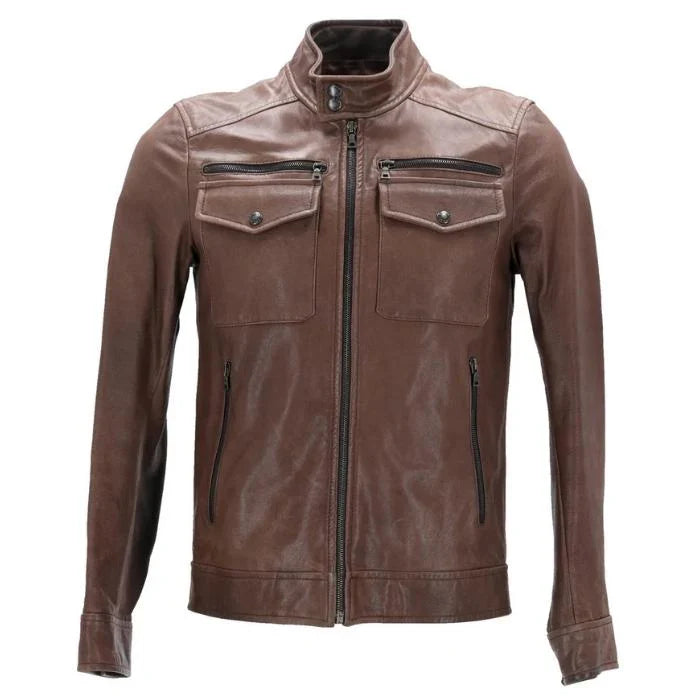 Men's Brown Leather Zip-Up Jacket