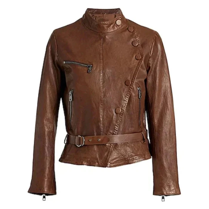 Front view of Brown vintage design women biker leather jacket
