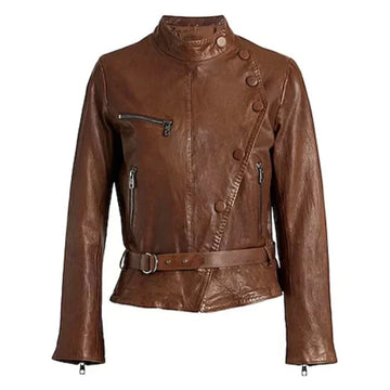 Front view of Brown vintage design women biker leather jacket