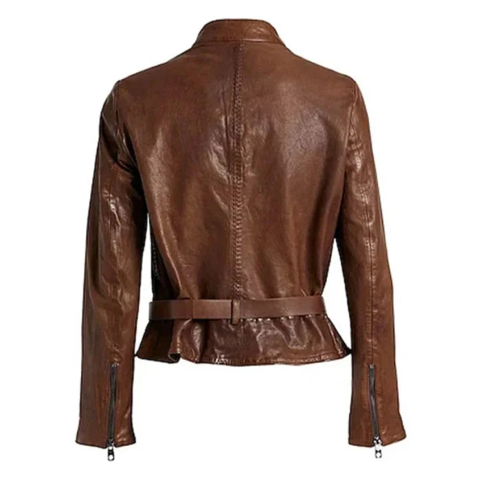 back view of Brown vintage design women biker leather jacket