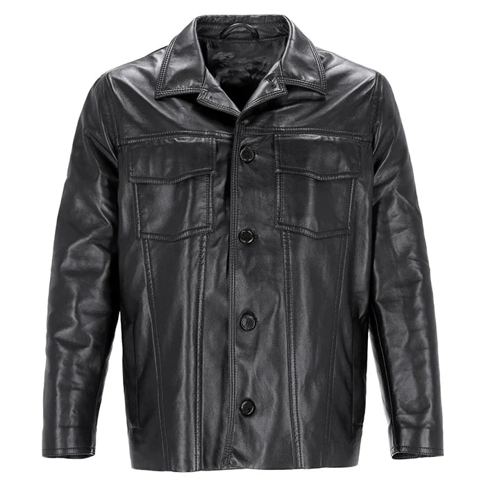 Front view of black button leather jacket on a white background