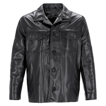 Front view of black button leather jacket on a white background