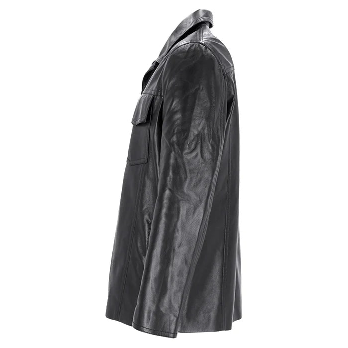 Side view of black button leather jacket on a white background
