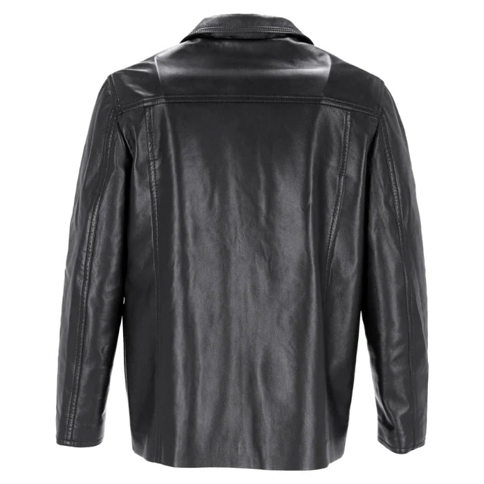 Back view of black button leather jacket on a white background