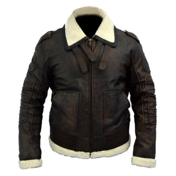 Men's brown distressed shearling leather jacket with a white shearling-lined collar and cuffs, featuring a front zipper closure and ribbed accents.