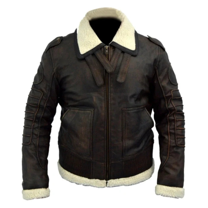 Men's brown distressed shearling leather jacket with a white shearling-lined collar and cuffs, featuring a front zipper closure and ribbed accents.