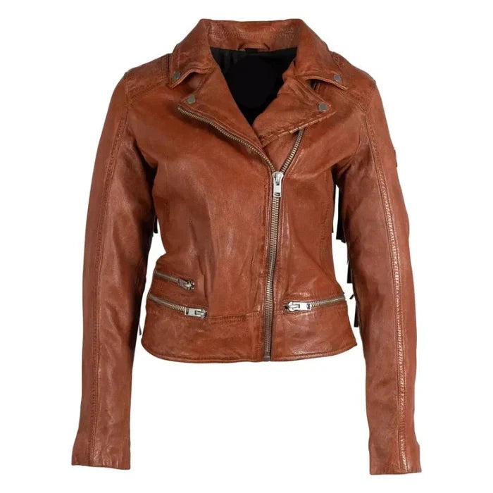 Women's Orange Burnt Fringe Leather Jacket
