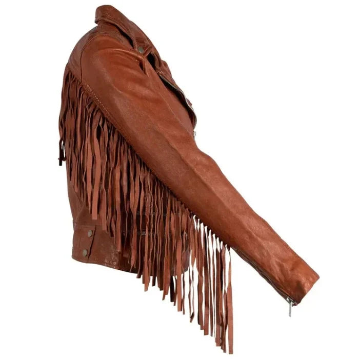 Women's Orange Burnt Fringe Leather Jacket