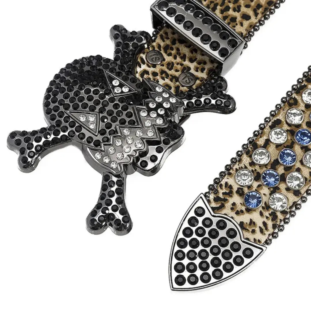 Gengar Buckle Leopard Strap Belt with Black Studded Rhinestones Belt