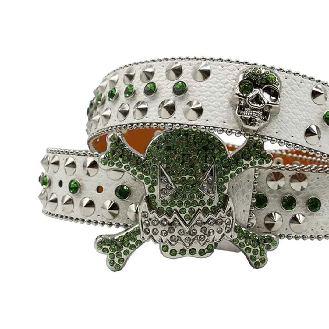 Gengar Green Buckle Metal White Strap with Crystal & Rhinestone Studded Belt