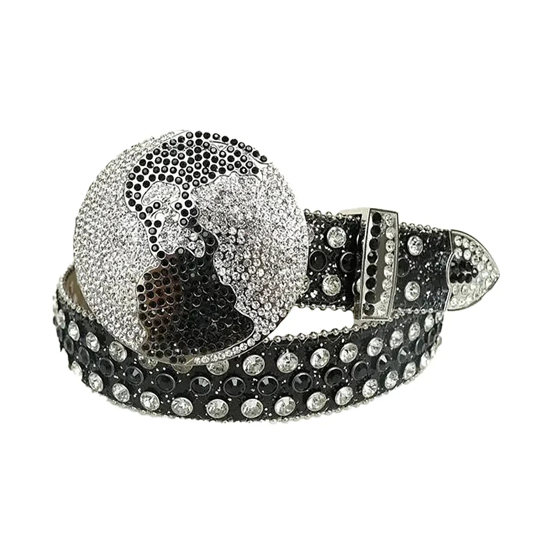 Globe Buckle With Black & Crystal Studded Rhinestone Belt With Black Glitter Strap