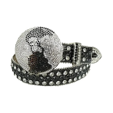 Globe Buckle With Black & Crystal Studded Rhinestone Belt With Black Glitter Strap