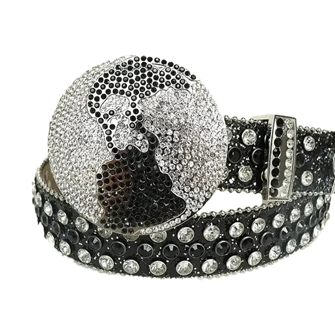 Globe Buckle With Black & Crystal Studded Rhinestone Belt With Black Glitter Strap