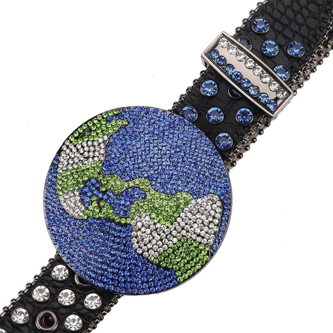 Globe Buckle With Blue & Crystal Studded Rhinestone Belt