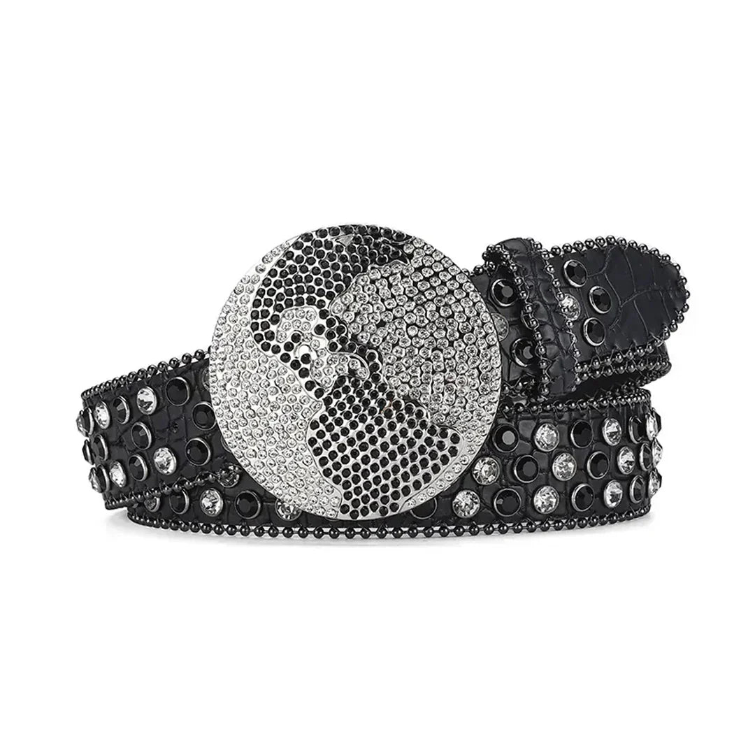 Globe Buckle With Black & Crystal Studded Rhinestone Belt
