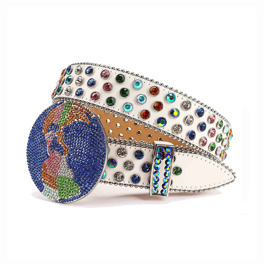Decorative belt with colorful gemstones on a white strap