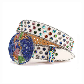 Decorative belt with colorful gemstones on a white strap