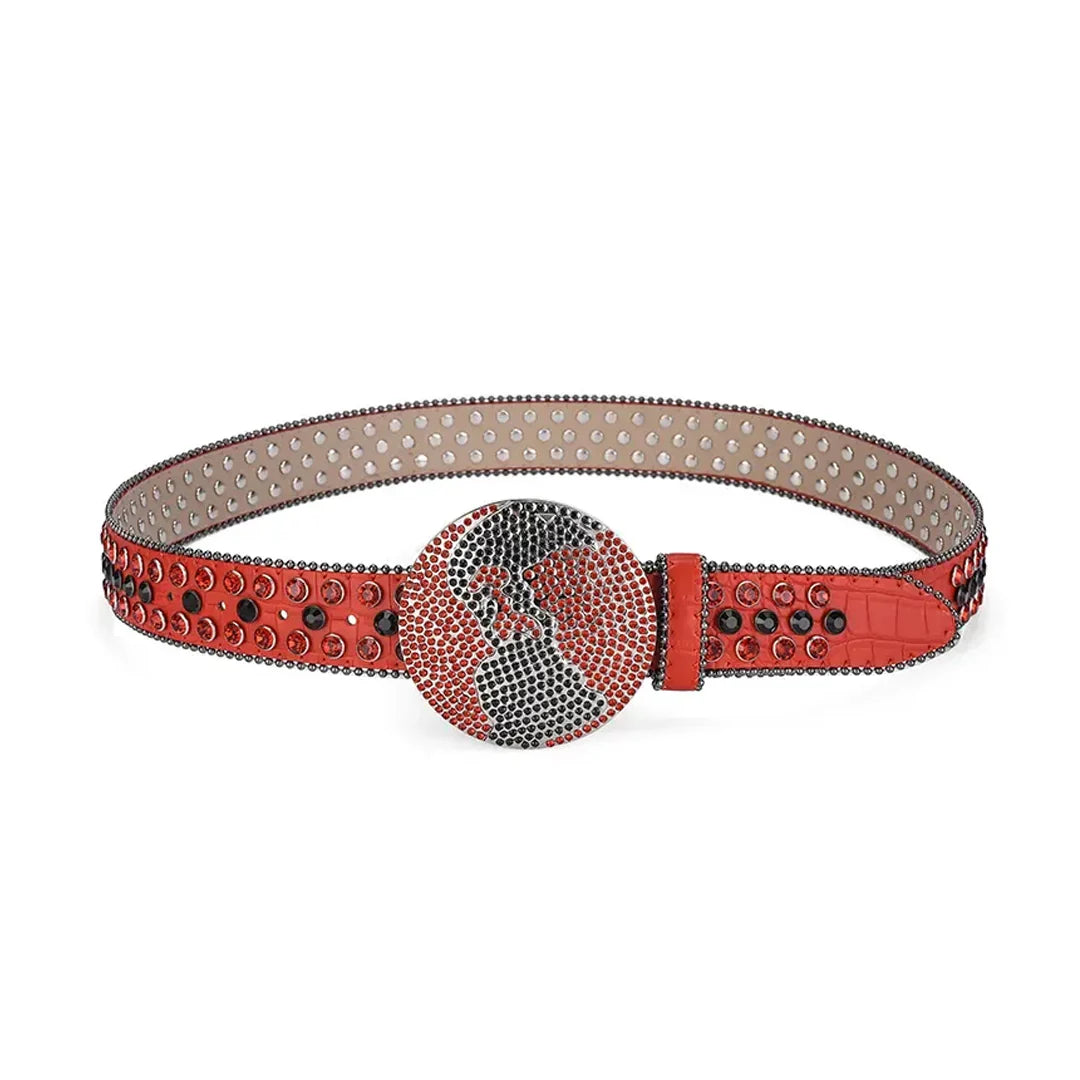 Globe Buckle With Red & Black Studded Rhinestone Belt