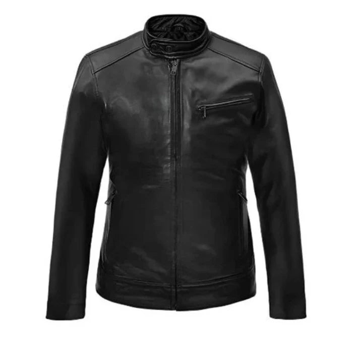 Front view of mens Black leather jacket on a white background