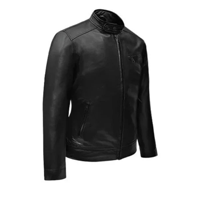 Front view of mens Black leather jacket on a white background