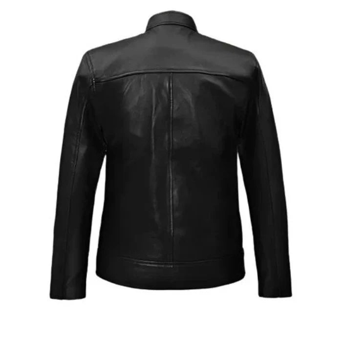 Back view of Black leather jacket for men on a white background