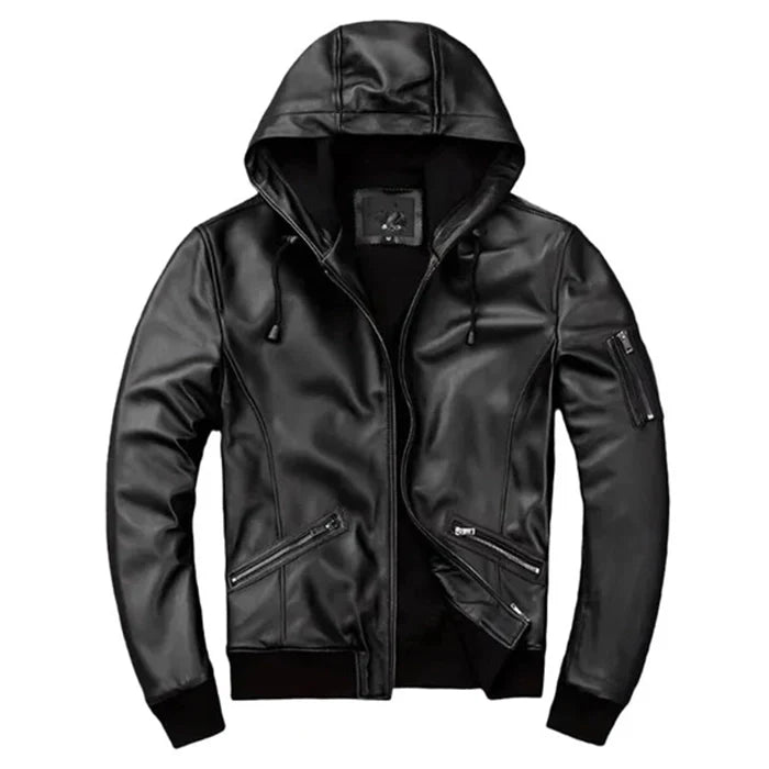 Men's black hooded motorcycle bomber leather jacket zippers and a hood.