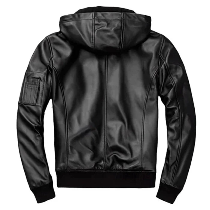 Men's black hooded motorcycle bomber leather jacket zippers and a hood.