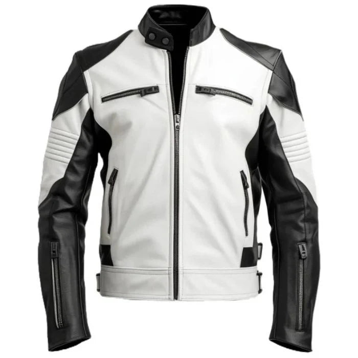 White and black leather jacket on a white background