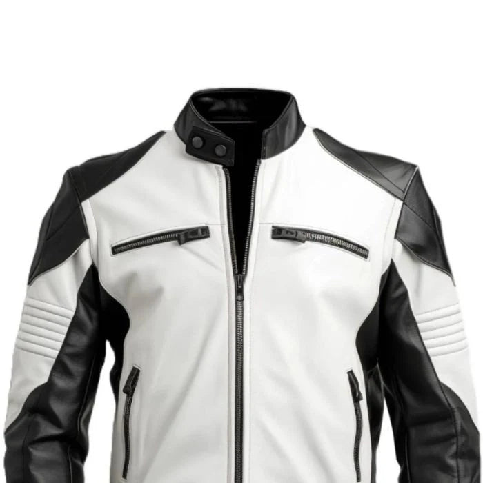 White and black leather jacket with zippers on a white background