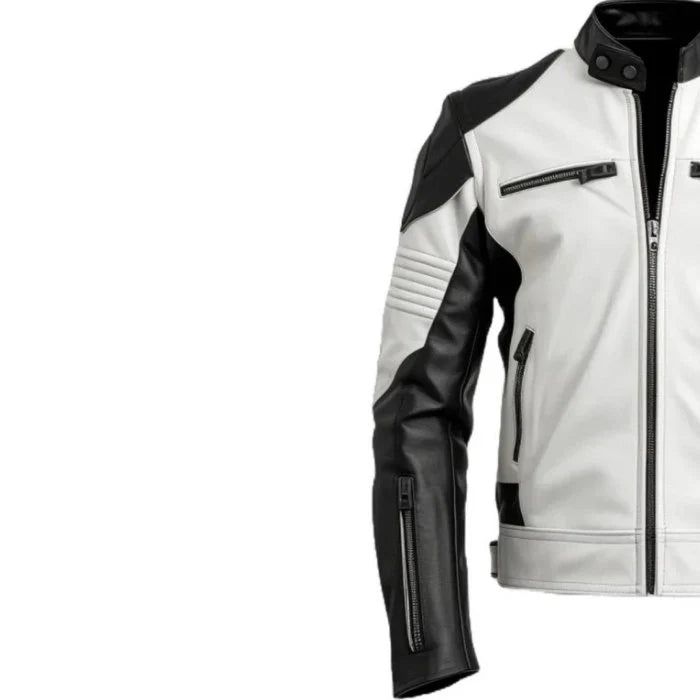 White and black leather jacket on a white background