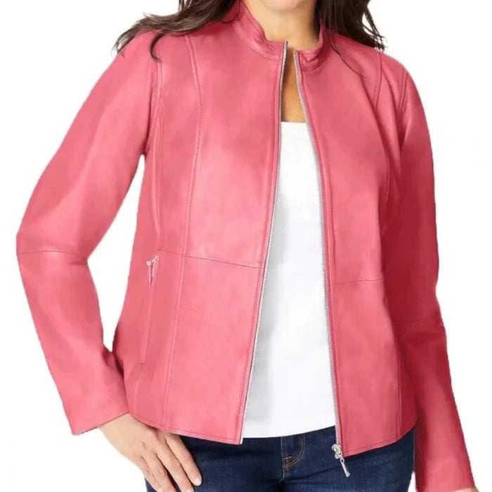 Woman wearing a vibrant pink zip front leather jacket with a round low collar, smooth and lightweight material