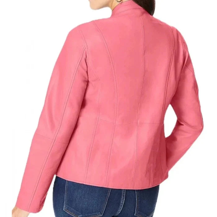 Back view of Pink leather jacket worn by a person