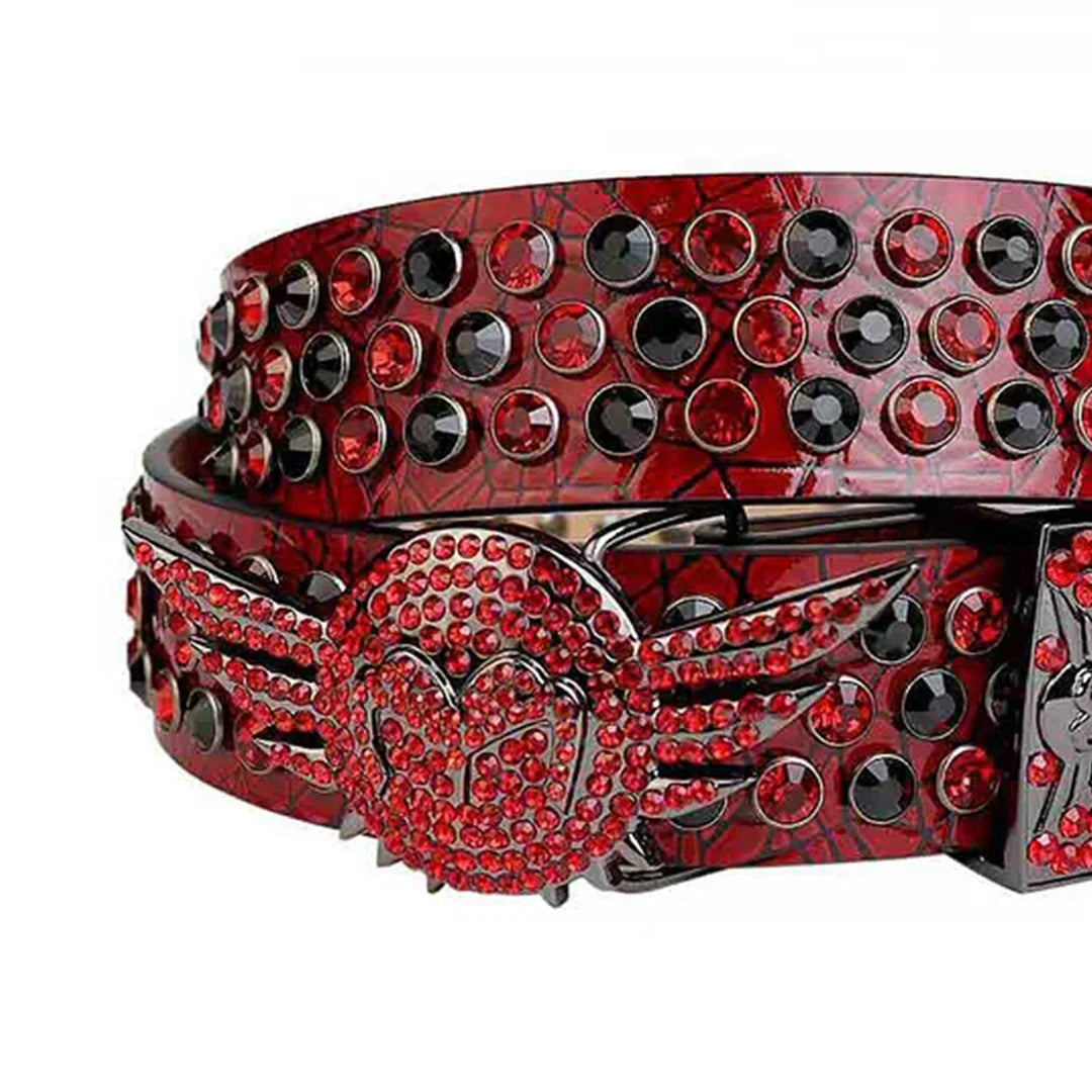 Angel Wings Buckle Red Strap With Red & Black Studded Rhinestone Belt