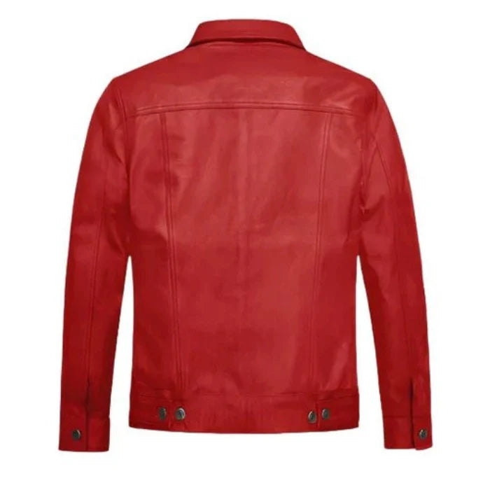 Red trucker leather jacket on a white background